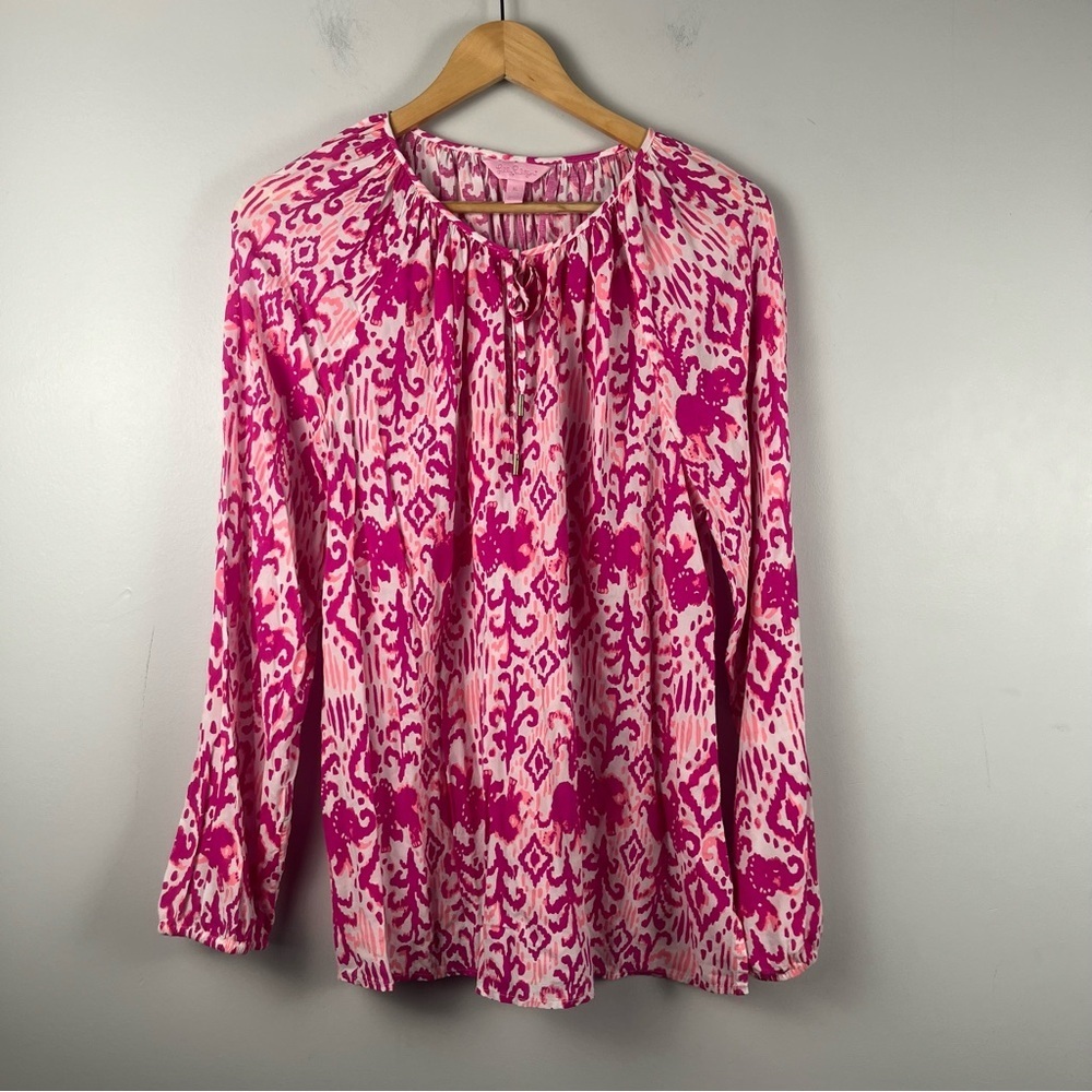Lilly Pulitzer Pink White Ikat Elephant Print Tie Neck Blouse size extra large